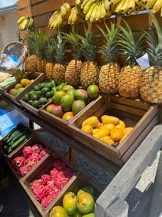 fruit stand with pineapples, bananas and other fruits