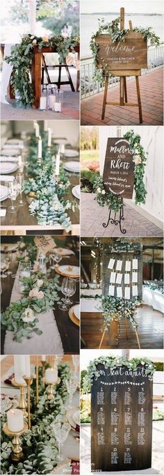 a collage of photos showing different tables and chairs with greenery on them, including candles