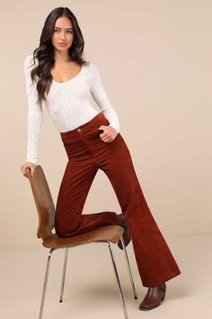 It is assured that every fall look you create with the Lulus Guaranteed Trend Rust Corduroy High-Rise Wide-Leg Pants will be compliment-worthy! These retro-inspired pants have a sturdy corduroy composition that shapes a high-rise waist with belt loops, a four-pocket cut, and a top button closure above a hidden zip fly. The chic, wide pant legs fall to flaring, full-length hems. Fit: This garment fits true to size. Length: Floor length. Size medium Inseam: 31.00 Front Rise: 12.25 Waist: Fitted - Full-length Corduroy Pants For Fall, Corduroy Pants For Fall, Fall Full-length Corduroy Pants, Full-length Corduroy Bottoms For Fall, Full Length Corduroy Bottoms For Fall, Fall Full Length Corduroy Bottoms, Fall Corduroy High-waisted Pants, High Waist Corduroy Bottoms For Fall, Stretch Corduroy Bottoms For Fall