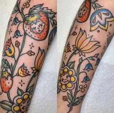 two tattoos on both legs with flowers and strawberries