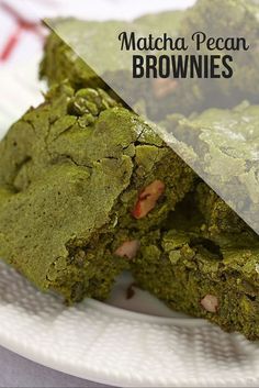 matcha pecan brownies on a white plate