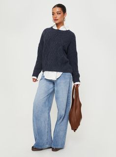 Canlish Cable Knit Sweater Navy Comfort Chic Outfit, Cable Knit Sweater Family Photos, Blue Sweaters Outfit, Style Cable Knit Sweater, Black Sweater Light Jeans Outfit, Navy Blue Cable Knit Sweater Outfits, Navy Crew Neck Sweater Outfit, Denim And Sweater Outfits, Navy Cashmere Sweater Outfit