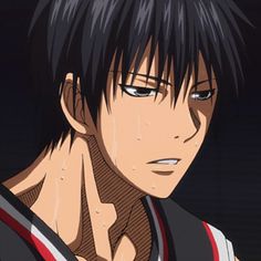 an anime character with black hair and piercings on his ears, staring at the camera