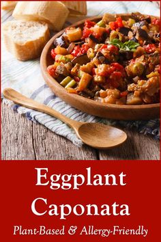 eggplant caponata in a bowl with bread on the side and text overlay