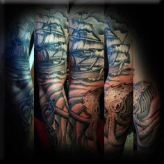 some tattoos that are on the arms and legs, with an image of a ship in the background