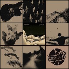 several different pictures with black and white images in the middle one has a guitar on it