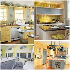 four different pictures of kitchen with yellow walls