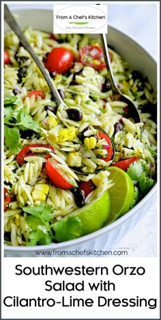 southwest orzo salad with cilantro lime dressing in a white bowl on a table