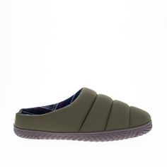 Puffy quilted nylon upper in olive. Blue and red plaid flannel lining with a Ortholite insole. Easy to slip-on slippers with a durable outsole that can be worn indoors and outdoors. Green Cushioned Synthetic Slippers, Green Casual Slippers With Cushioned Footbed, Green Outdoor Slippers With Round Toe, Green Outdoor Slip-on Slippers, Green Round Toe Outdoor Slippers, Green Slip-on Outdoor Slippers, Green Slip-on Slippers With Removable Insole, Comfortable Green Slip-ons With Cushioned Footbed, Red Plaid Flannel