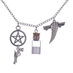 PRICES MAY VARY. Expandable 20" chain Crystal filled Faux Salt Bottle 4 Part Pendant with excellent quality Salt is often used by hunters to repel ghosts, demons, hellhounds, and other supernatural beings. Salt may also be used to purify human corpses. As it causes intense pain in demons, it may also be used to torture them. It can also be used to force a spirit out of a human's body after possession. *according to Supernatural Wiki. Supernatural Merchandise, Salt Crystal, Protection Necklace, Tv Drama, Steel Chain, Stainless Steel Chain, Antique Style, Men Necklace, Necklace Pendant