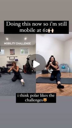 two women are doing exercises on the floor and one is holding her arms out in front of