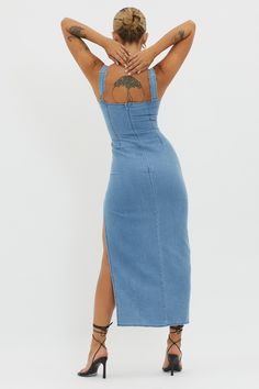 Fitted Denim Midi Dress For Date Night, Spring Knee-length Denim Party Dress, Spring Denim Midi Dress For Date Night, Denim Midi Length Dress For Night Out, Denim Midi Dress For Night Out, Fitted Backless Denim Dress, Spring Party Knee-length Denim Dress, Chic Fitted Midi-length Denim Dress, Spring Night Out Denim Midi Dress