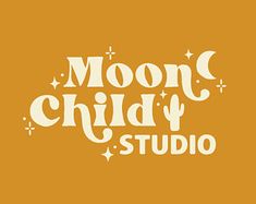 the moon child studio logo is shown in white on an orange background with stars and crescents