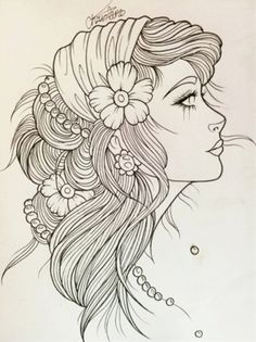 a girl with long hair and flowers in her hair, looking to the side coloring page