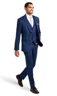 A slim premium cobalt blue performance suit with two buttons and a notch lapel. Blue Fitted Suit For Formal Occasions, Blue Single Button Suit For Weddings, Formal Fitted Blue Suit, Blue Single-button Suit For Wedding, Blue Fitted Formal Suits, Blue Single Button Suits For Wedding, Royal Blue Notch Lapel Suit For Wedding, Navy Fitted Suit With Notch Lapel, Classic Fitted Royal Blue Tuxedo