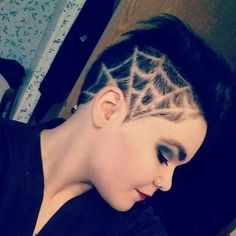 Spiderweb design shaved into hair hairtattoo Side Shave Design, Shave Designs, Half Shaved Head, Hair Tattoo Designs, Shaved Head Designs, Undercut Hair Designs, Spiderweb Design, Shaved Design, Shaved Designs