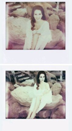 two polaroid photos of a woman sitting on rocks and posing for the camera with her legs crossed