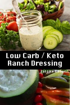 low carb / keto ranch dressing with cucumbers, tomatoes, and lettuce