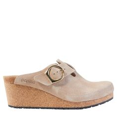 All the comfort of a Birkenstock sandal with a stylish wedge heel that makes these slip-on clogs stand out from the crowd. Use chart online to convert US size to Birkenstock European size. Width note: Birkenstock "Narrow" = "Narrow/Medium" fit. Women's equivalent: A-B. 2 1/4" heel height, 1" platform. Anatomically-shaped polyurethane footbed lined with suede for all-day comfort. Super-soft and flexible suede upper and lining. Lightweight polyurethane sole for traction and durability. Wedge heel Birkenstock Heels, Suede Shoe Style, Birkenstock Sandal, Birkenstock Sandals, Shoe Closet, Shoe Style, Casual Shoes Women, L L Bean, Wedge Heels