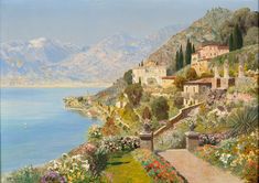 a painting of flowers and houses on a hillside by the water with mountains in the background