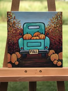 Teal truck scene with fall trees and pumpkins Tiny Canvas Painting, Truck With Pumpkins, Halloween Canvas Art, Helloween Wallpaper, Tiny Canvas, Fall Fest