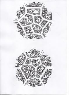 two black and white drawings of small buildings in the shape of a circle on paper