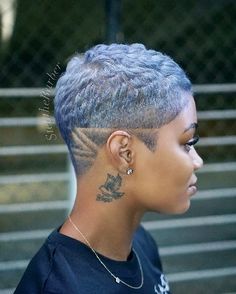 Blue Fade Haircut Black Women, Buzz Cut With Design, Short Fade Haircut For Women, Bald Baddie, Fade Haircut Women, Natural Haircuts, Shaved Hairstyles, Short Natural Haircuts, Short Hair Designs