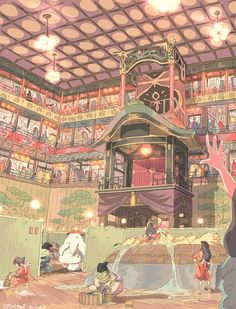 an anime scene with people sitting and standing in front of a library full of books