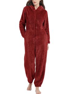 PRICES MAY VARY. Material: Adult onesies pajamas is made of soft fluffy sherpa fabric, so comfy and cozy during winter chill days. Wrap yourself in the gentle embrace of its plush material for a cozy and soothing sleep experience Features: Onesie for women features a large hood with cute ear, elastic cuff, long sleeve, two side pockets, zip-up front closure makes it easy to put on or take off the onesie. Teddy fleece womens onesie pajama, eye catching funny pajamas for women Relaxed Fit: The fas Cheap Red Sleepwear For Winter, Cheap Winter Sleep Onesie, Red Long Sleeve Onesie For Loungewear, Red Winter Onesie For Sleep, Cozy Red Long Sleeve Sleepwear, Funny Pajamas, Womens Onesie, Onesie Pajamas, Long Puffer Coat