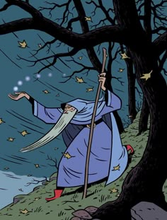 an illustration of a wizard holding a staff in front of a tree with falling leaves