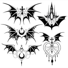 four black and white images of bats with gothic designs on them, including a clock tower