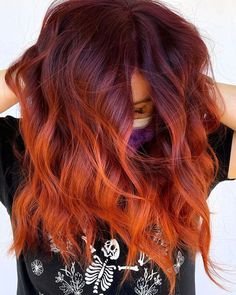 Red And Orange Shag Hair, Trendy Red Hair Color, Red Melt Hair Color, Dark Red To Light Red Ombre, Red Into Orange Hair, Burnt Orange Ombre Hair, Red Ombre Hair With Bangs, Dark And Orange Hair, Fall Hair Colors Ombre