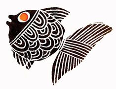 a black and white drawing of a fish with an orange eye