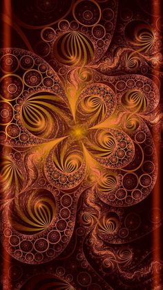 an abstract background with swirls and circles in red, yellow and orange colors on a dark brown background