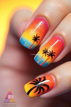 Bright and bold, these palm tree nails showcase a vibrant sunset with red, orange, and blue hues. Perfect for standing out in any crowd. Visit nailhow.com for more inspiring designs. Tree Nail Designs, Nails Sunset, Sunset Ombre, New Nail Colors, Sunset Nails, Sea Nails