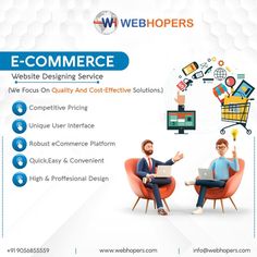 two people sitting in chairs with laptops on their laps and the words e - commerce above them