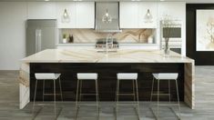 a large kitchen with marble counter tops and white stools in front of the island