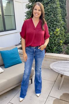 Spend all night long in this wine top! ​ ​This top is silky, dressier material, short sleeve with cuff, v neckline, dolman sleeve and high low detail! Make this your #OOTD ​ ​ Wine Top, Popular Outfits, Dressy Outfits, V Neckline