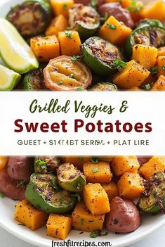 grilled vegetables and sweet potatoes in a white bowl