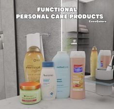 an image of personal care products displayed on a counter in front of a bathroom mirror