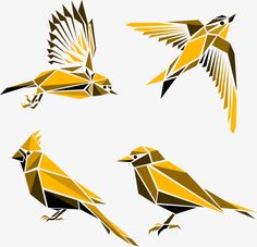 four different types of birds that are yellow and black, each with an origami effect