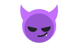 a purple devil mask with black eyes and horns on it's head is shown