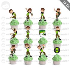 the green cupcakes are decorated with characters from the movie, peter and patrick