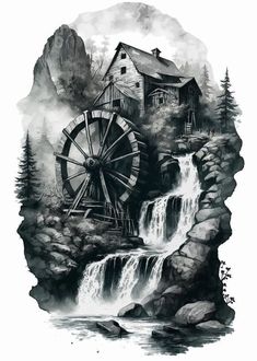 a black and white drawing of a water mill with a waterfall in the foreground