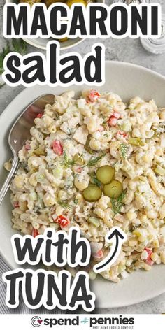 macaroni salad with tuna in a white bowl