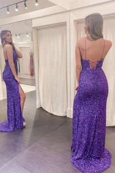 Purple Mermaid Sequins Split Evening Party Dresses Long Prom Dresses Formal Dresses Purple, Purple Formal Dresses, Mermaid Purple, Purple Prom, Backless Evening Dress, Custom Prom Dress, Spaghetti Strap Prom Dress