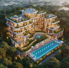 an artist's rendering of a luxurious mansion in the middle of trees and water