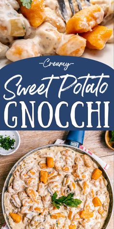 creamy sweet potato gnocchini in a skillet on a wooden table with text overlay