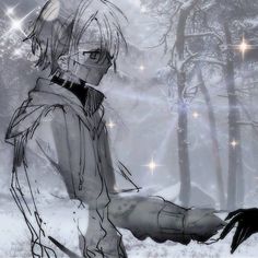 a drawing of a person in the snow with trees and stars behind them on a snowy day