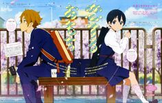 two anime characters sitting on a bench